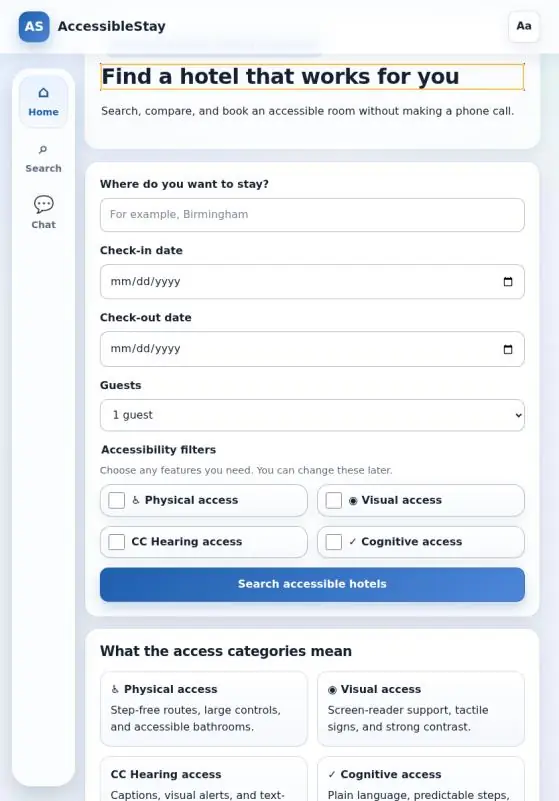 Easy Read plain-language mode on mobile, with shortened text and widened line spacing.