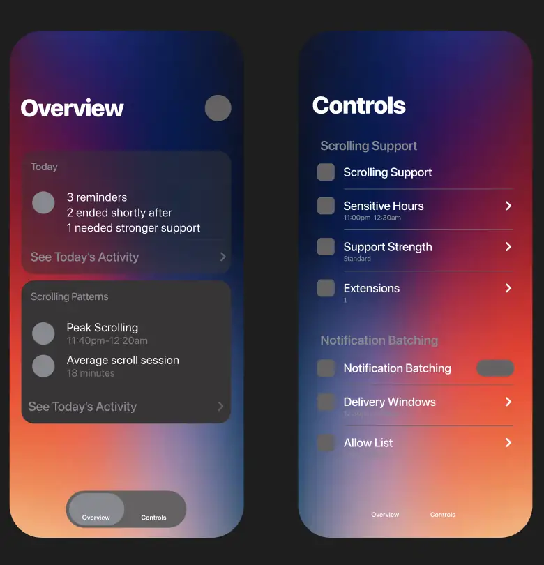 An earlier Overview and Controls pair on bright multicolour gradients, with placeholder circles where icons would sit.