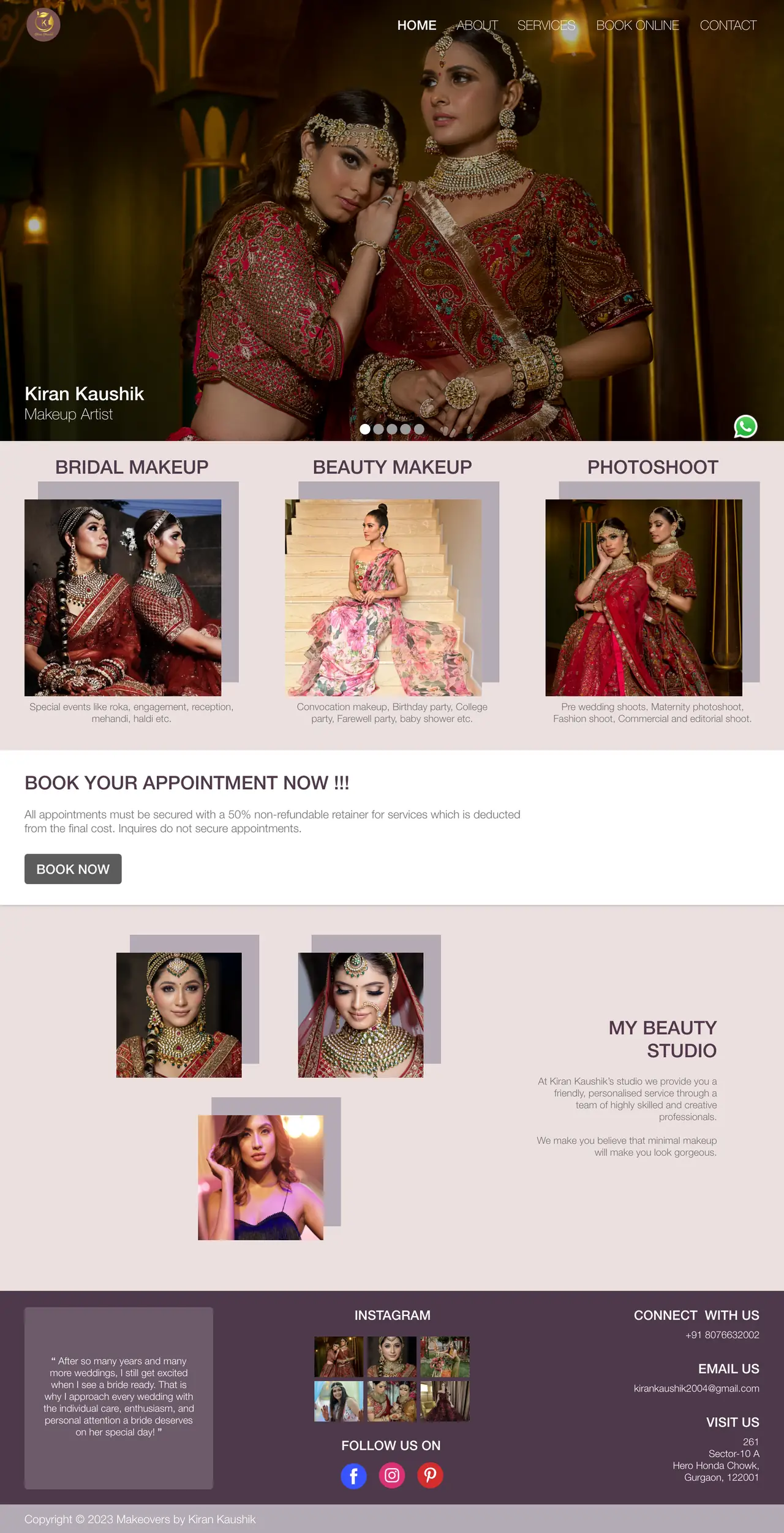 The full Kiran Kaushik home page: a full-bleed photograph of two brides with the artist's name over it, three service categories, a booking call to action with deposit terms, a My Beauty Studio section, and a plum footer with an Instagram grid and contact details.