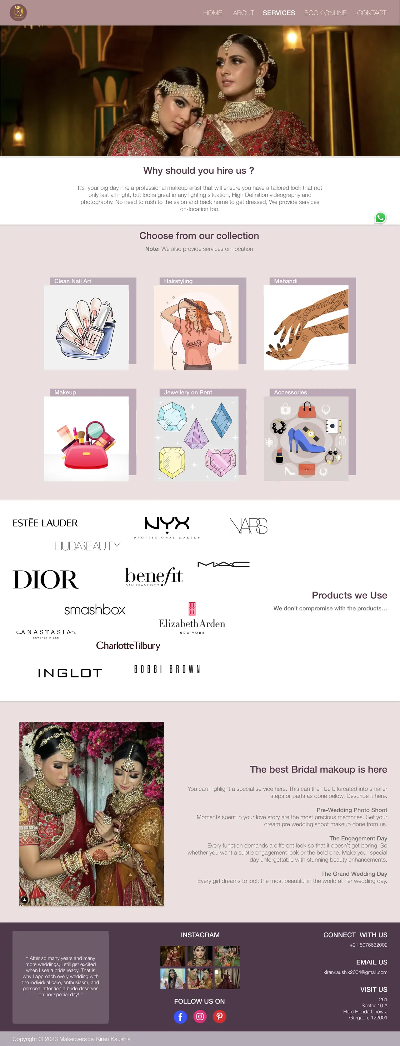 The Services page: a photographic banner, a why-hire-us paragraph, a six-card collection grid covering nail art, hairstyling, mehandi, makeup, jewellery on rent and accessories, a wall of makeup brand logos, and a bridal breakdown section.