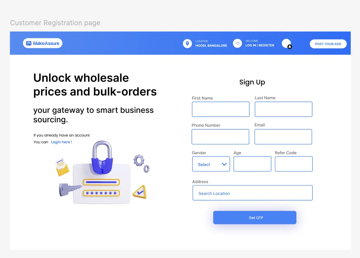 MakeAssure customer registration page. A headline reading Unlock wholesale prices and bulk orders sits beside a sign-up form with name, phone, email, gender, age, refer code and address fields, and a Get OTP button.