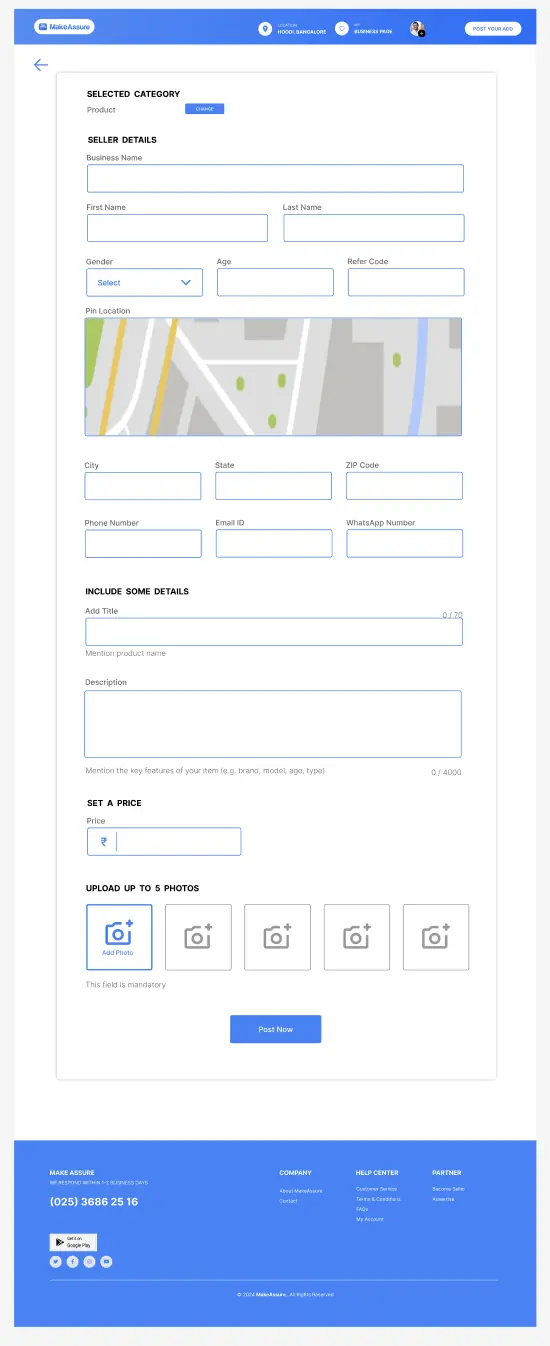 The Post your ad form: selected category, seller details including business and personal name, gender, age, refer code, a map to pin location, address and contact fields, title and description with character counters, price, and five photo upload slots above a Post Now button.