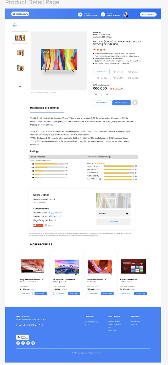 Product detail page for an LG OLED television showing thumbnail gallery, brand and model, star rating, feature bullets, size options, price with a struck-through original, quantity stepper, View number and Get best price buttons, description, ratings breakdown, seller details with a map, and a More products rail.