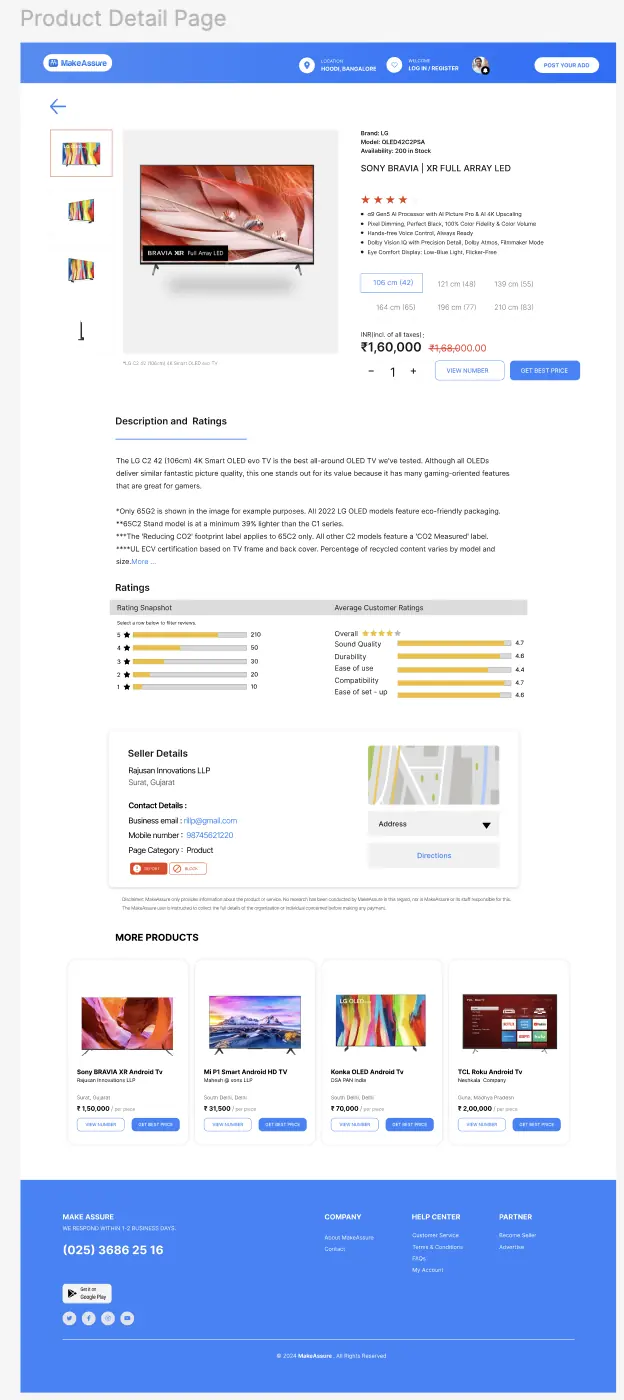 A second product detail page for a Sony Bravia television, using the same layout as the first with a different gallery and price.
