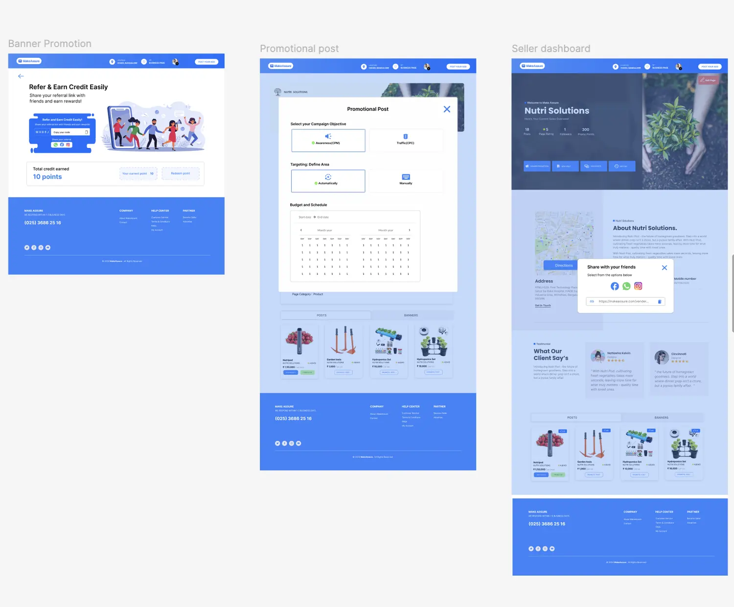 Three final screens: a Refer and Earn Credit page with a referral code, share options and a total credit balance; the promotional post dialog with objective, targeting and budget calendar; and the redesigned seller dashboard with a share-with-friends popover showing social channels and a copyable link.