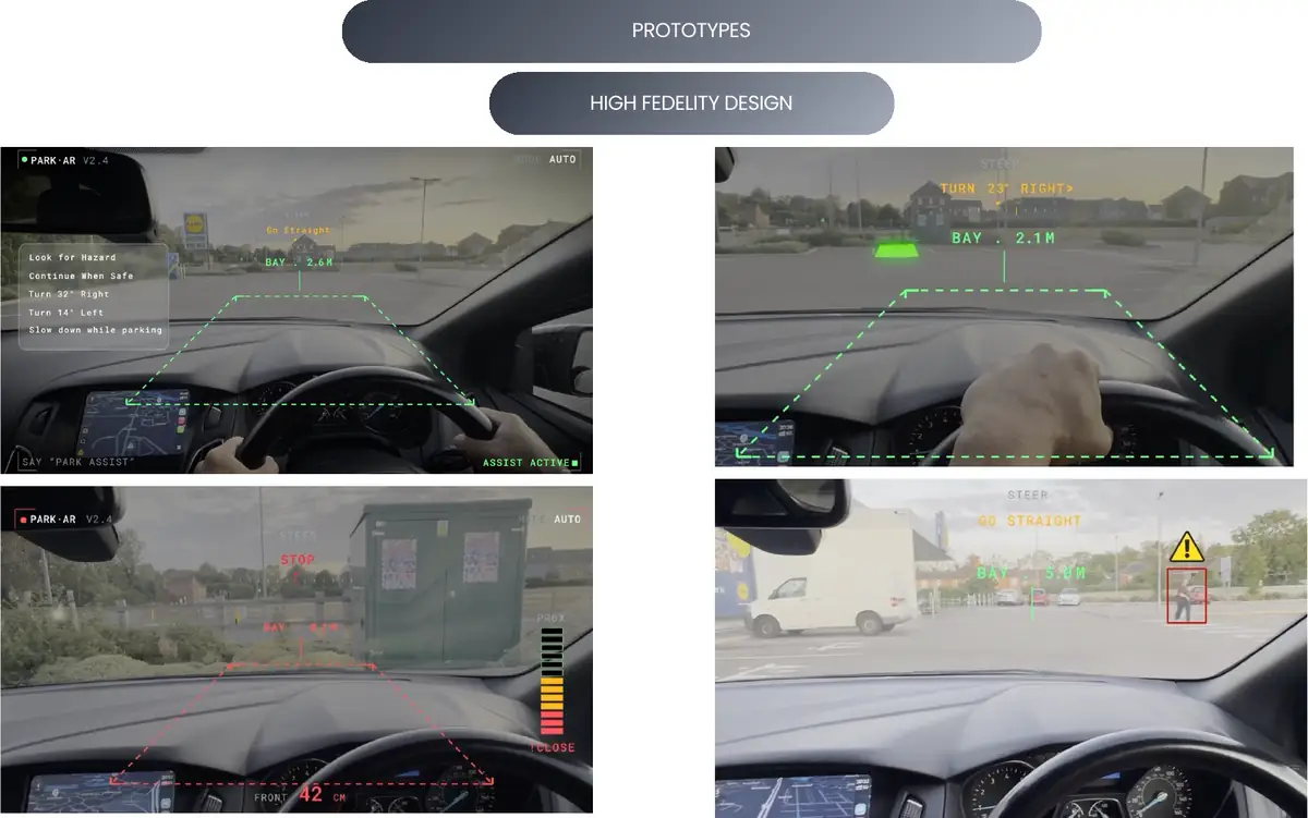 Four high-fidelity AR frames over real driver-view photography: hazard checklist with a 32 degree turn instruction, a turn 23 degrees right prompt with bay distance, a red boundary breach state with proximity bar, and a hazard alert boxing a pedestrian.