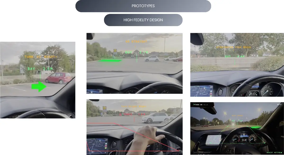 Further high-fidelity AR states showing steering instructions and bay distance readouts.